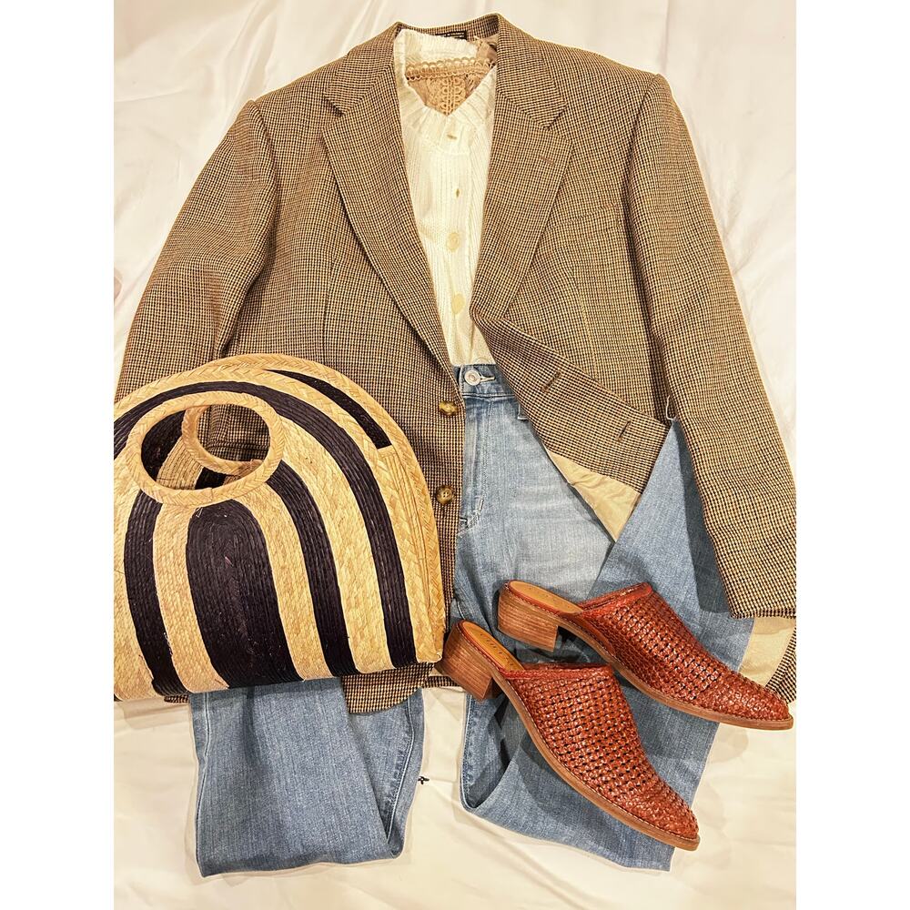 Oscar de la Renta Wool Blazer 44R Brown Houndstooth Sport Coat